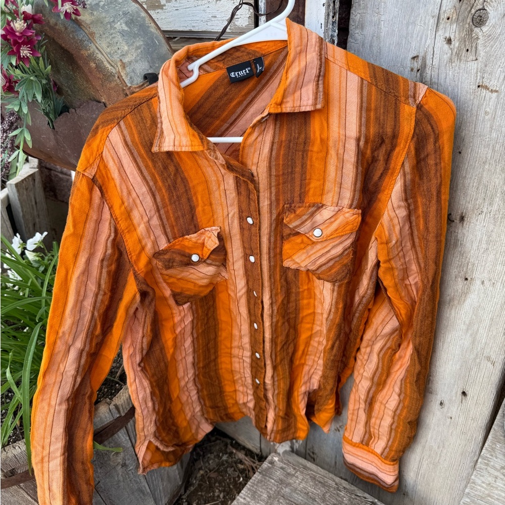 Etrex Women's Orange Striped Button Down Shirt